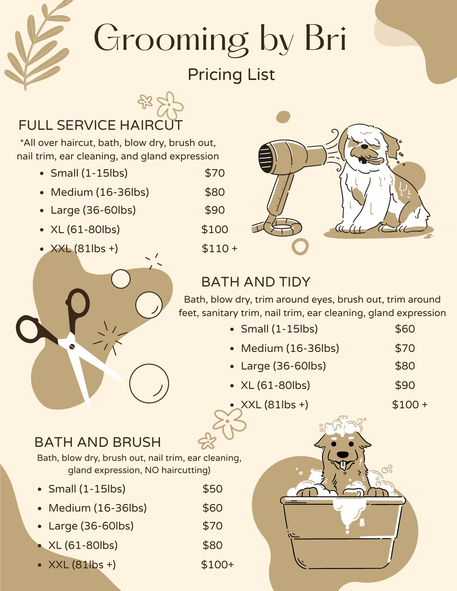 Grooming by Bri pricing list with Full Service Haircut, Bath and Tidy, and Bath and Brush packages priced by dog weight.